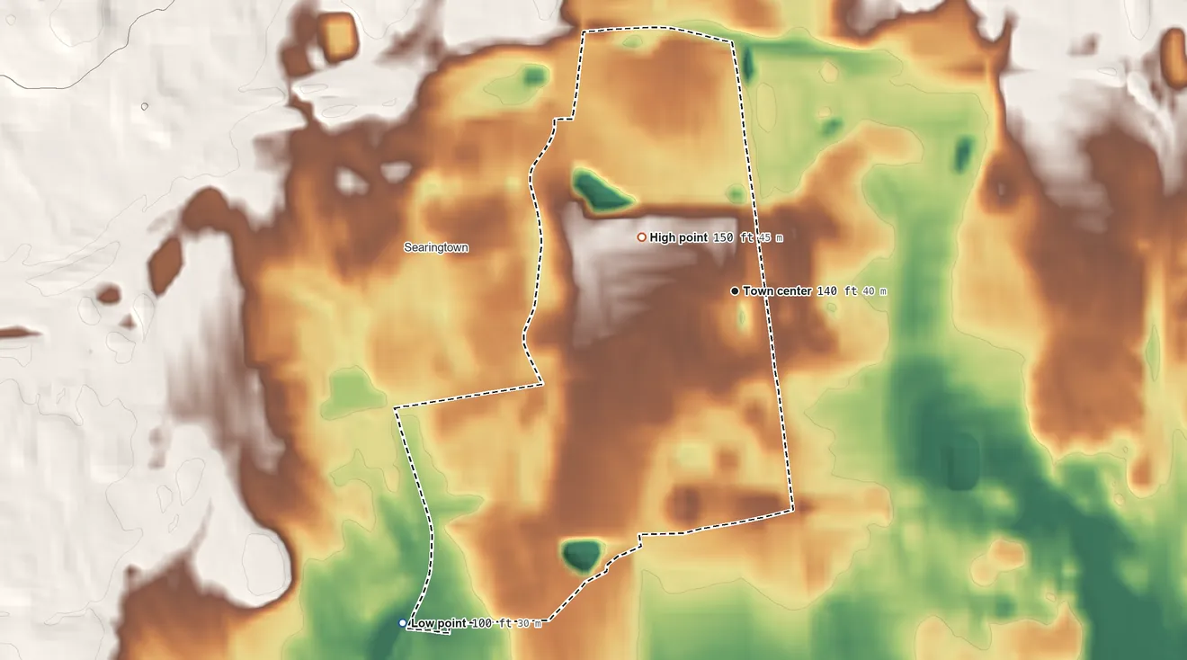 Topographic elevation map of Albertson, New York, shaded from 100 ft on the southwest side to 150 ft on the northwest side