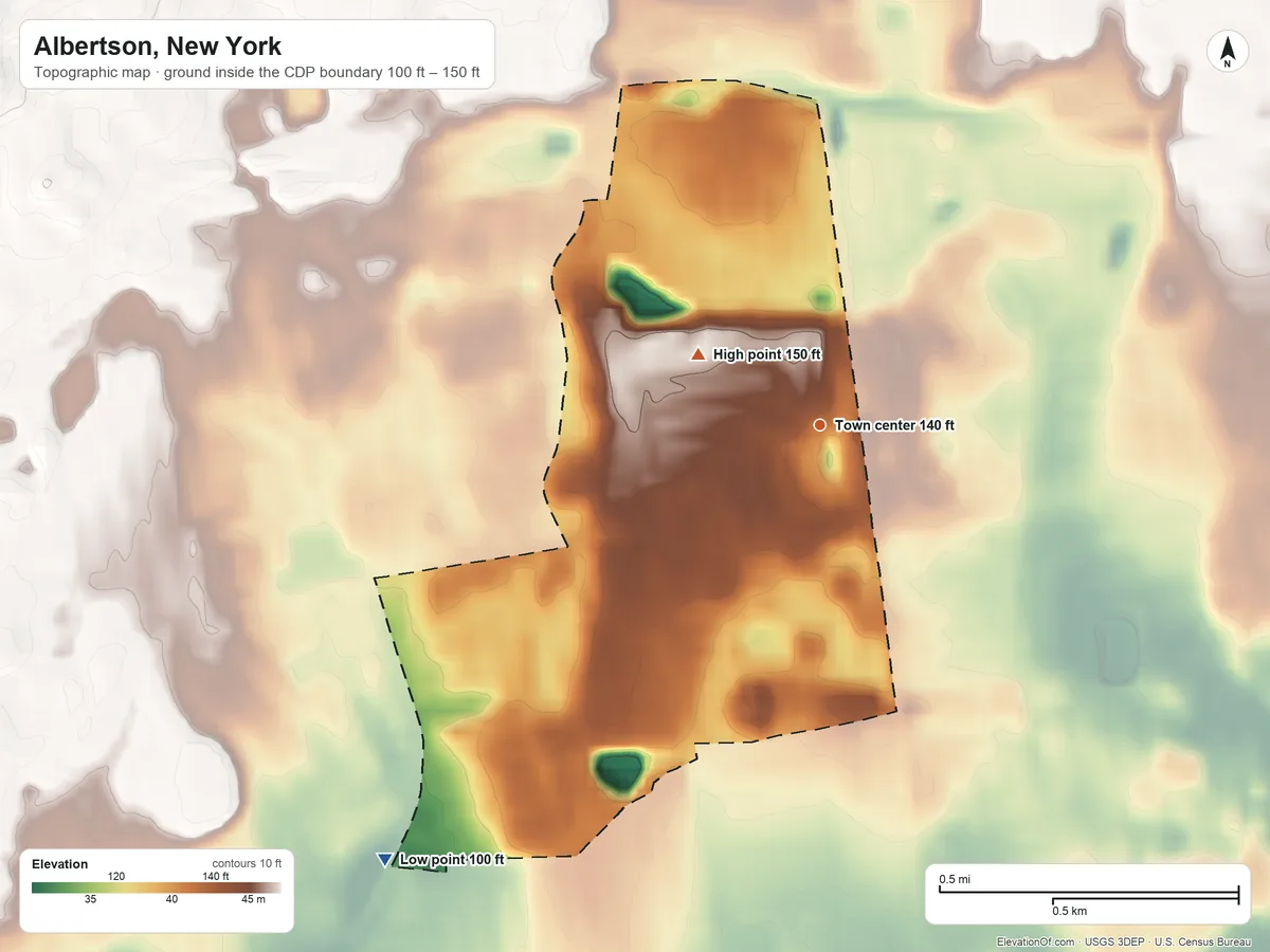Topographic elevation map of Albertson, New York, shaded from 100 ft on the southwest side to 150 ft on the northwest side