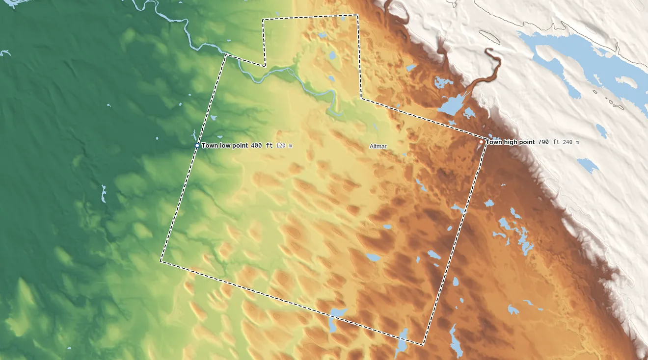 Topographic elevation map of Albion, Oswego County, New York, shaded from 400 ft on the west side to 790 ft on the east side