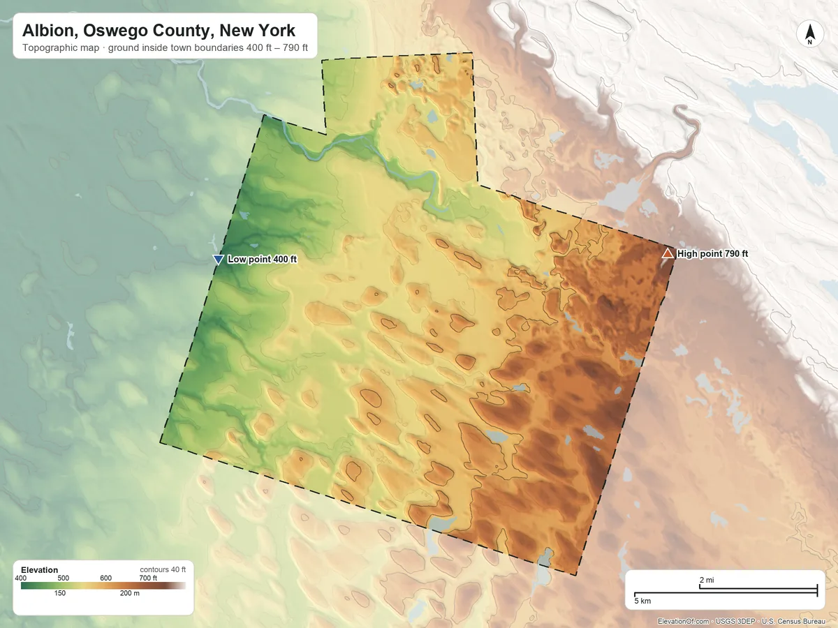 Topographic elevation map of Albion, Oswego County, New York, shaded from 400 ft on the west side to 790 ft on the east side