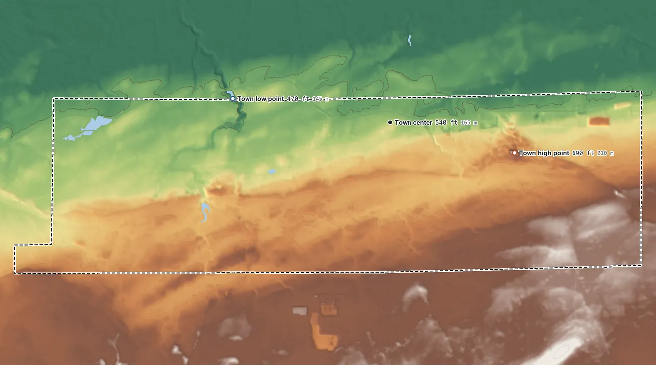Topographic elevation map of Albion, New York, shaded from 470 ft on the west side to 690 ft on the east side