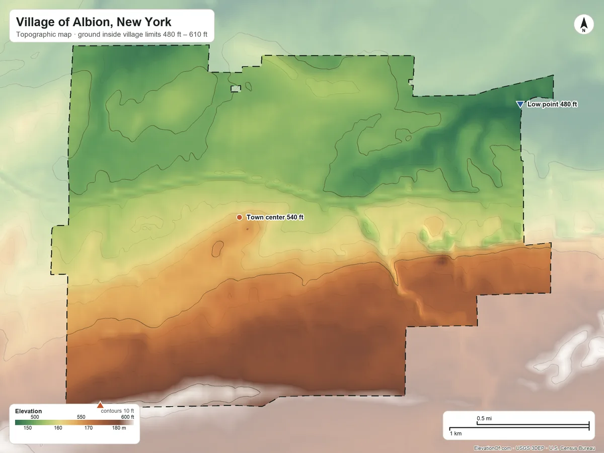 Topographic elevation map of Village of Albion, New York, shaded from 480 ft on the east side to 610 ft on the southwest side