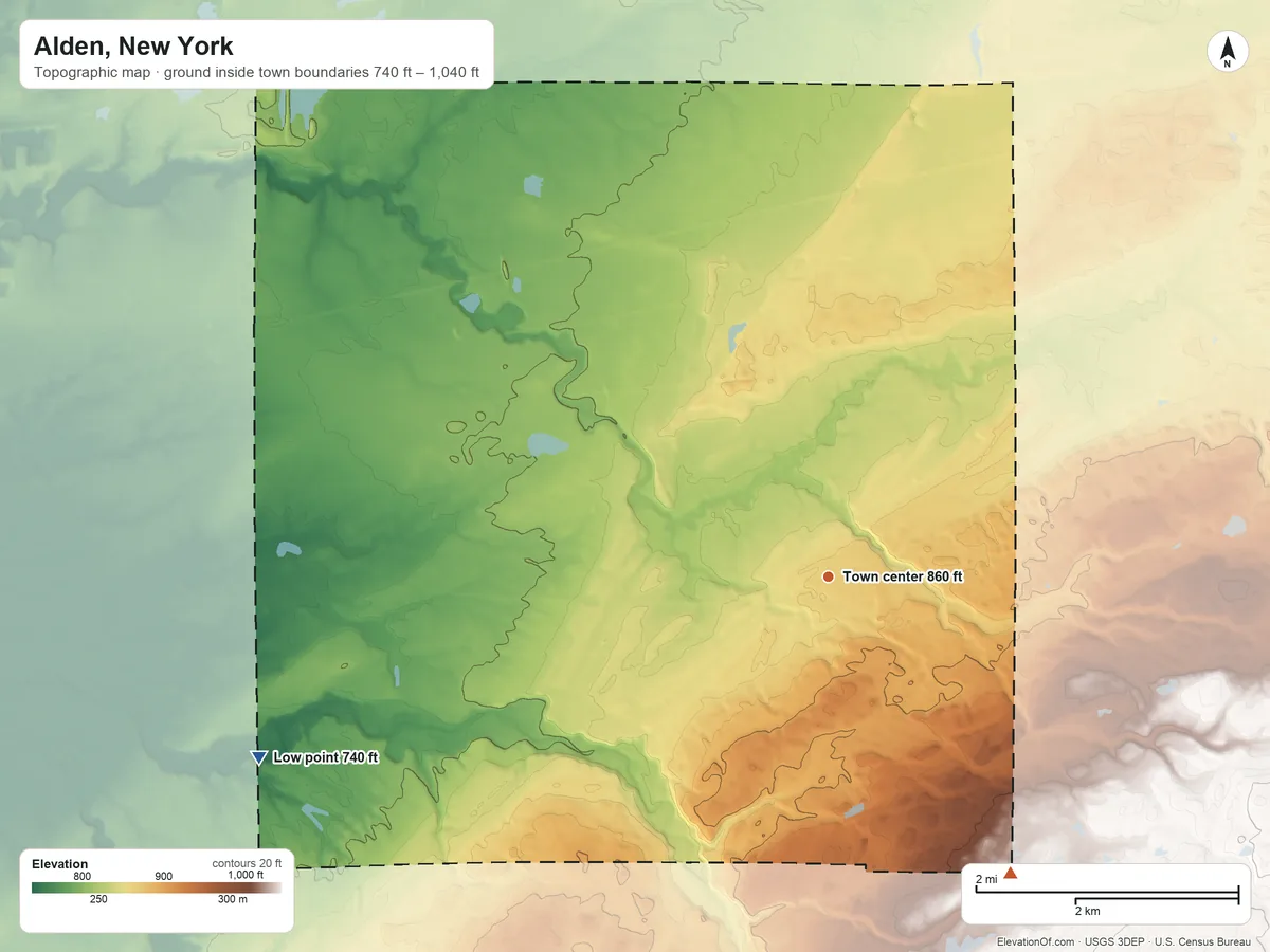 Topographic elevation map of Alden, New York, shaded from 740 ft on the west side to 1,040 ft on the southeast side
