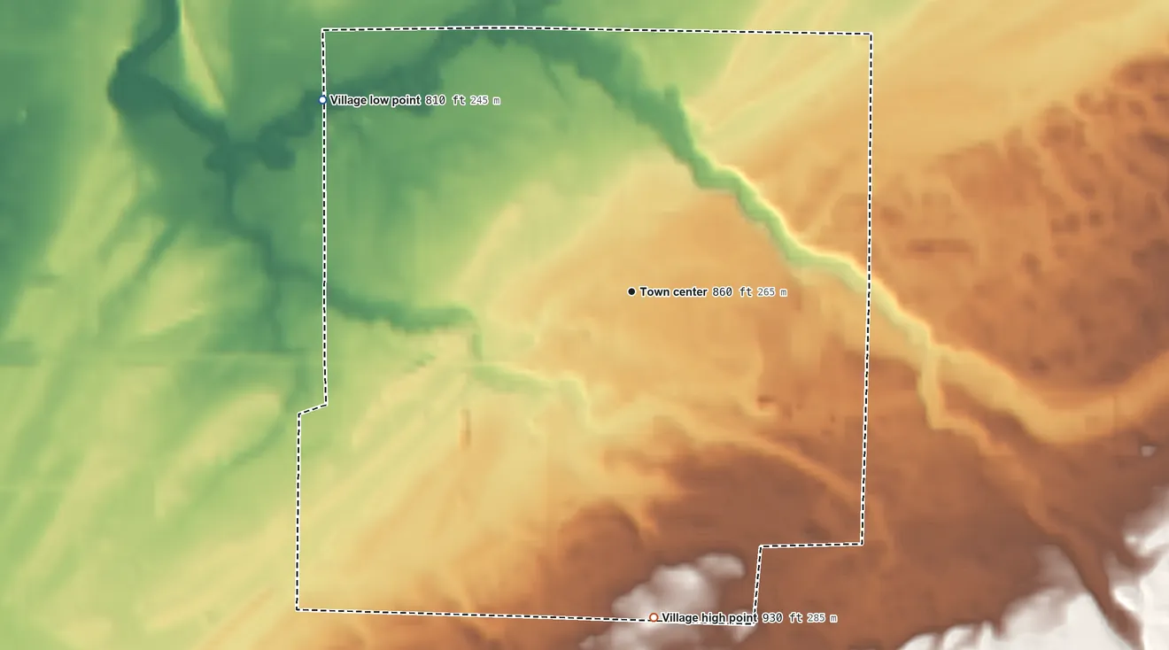 Topographic elevation map of Village of Alden, New York, shaded from 810 ft on the northwest side to 930 ft on the south side