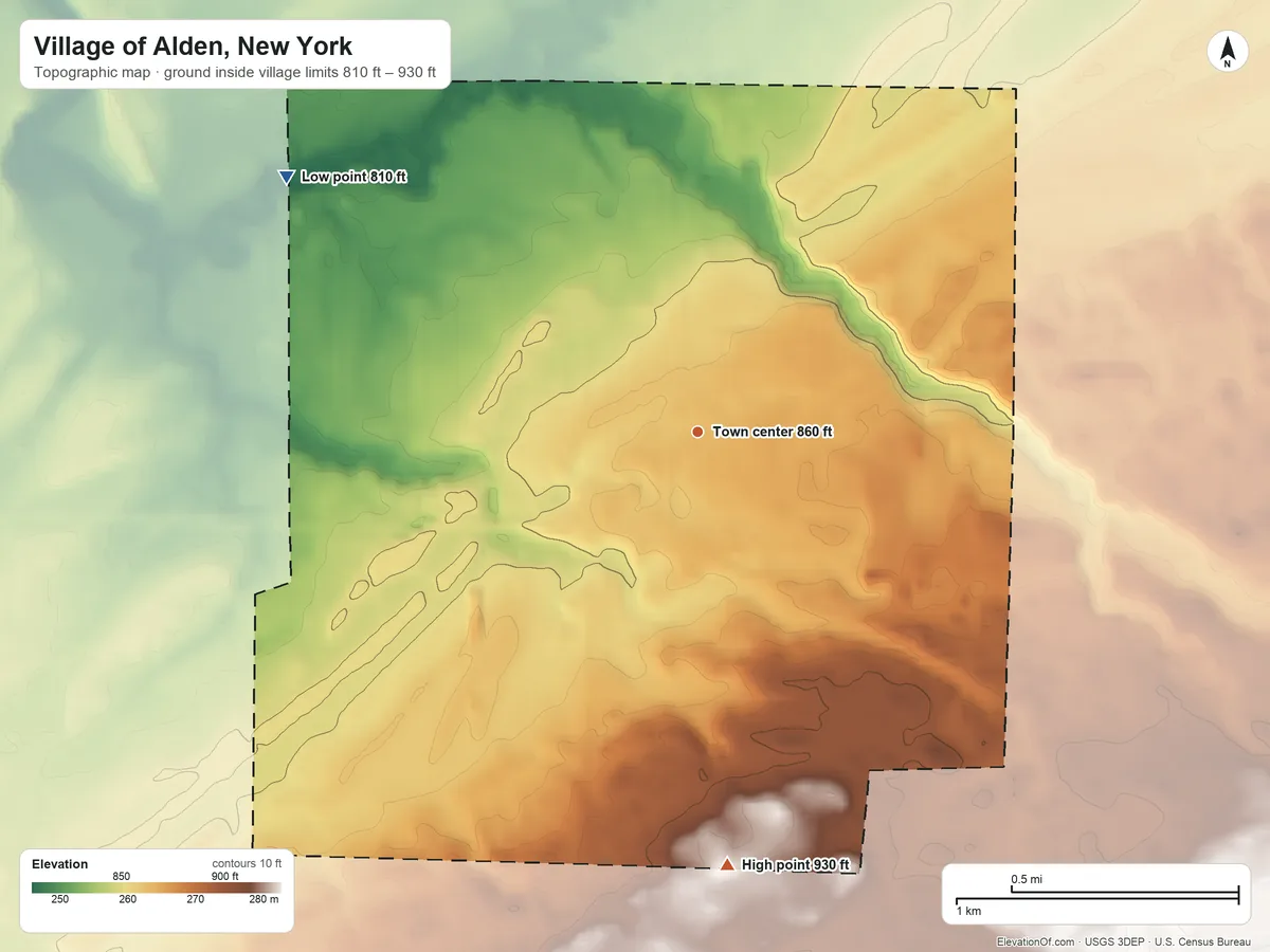 Topographic elevation map of Village of Alden, New York, shaded from 810 ft on the northwest side to 930 ft on the south side