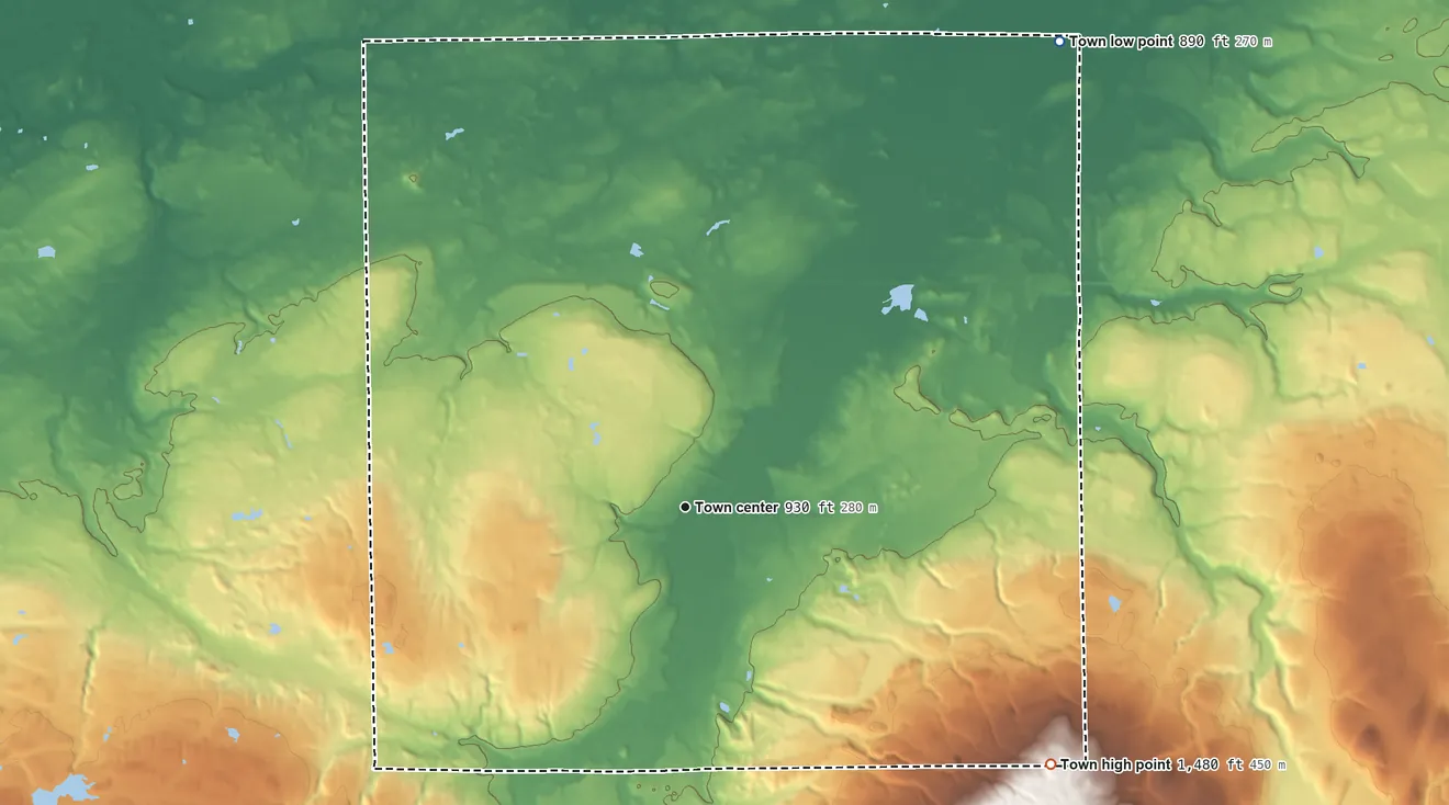 Topographic elevation map of Alexander, New York, shaded from 890 ft on the northeast side to 1,480 ft on the southeast side
