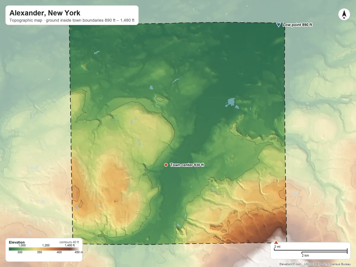 Topographic elevation map of Alexander, New York, shaded from 890 ft on the northeast side to 1,480 ft on the southeast side
