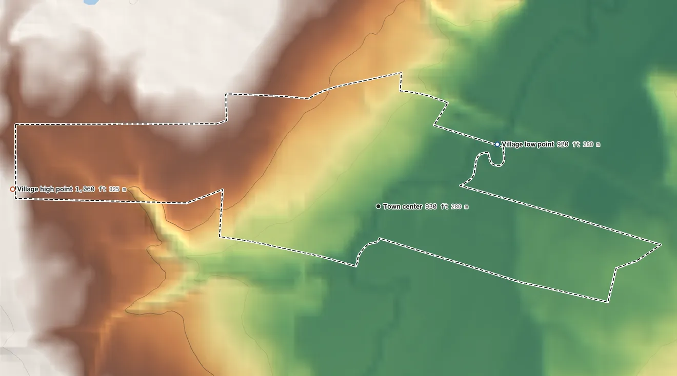 Topographic elevation map of Village of Alexander, New York, shaded from 920 ft on the northeast side to 1,060 ft on the west side