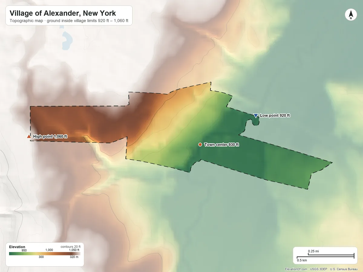 Topographic elevation map of Village of Alexander, New York, shaded from 920 ft on the northeast side to 1,060 ft on the west side