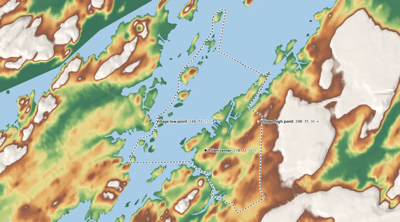 Topographic elevation map of Alexandria Bay, New York, shaded from 240 ft on the north side to 290 ft on the northeast side