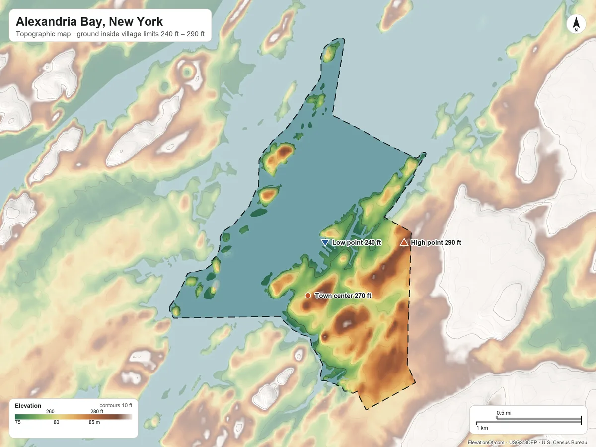Topographic elevation map of Alexandria Bay, New York, shaded from 240 ft on the north side to 290 ft on the northeast side