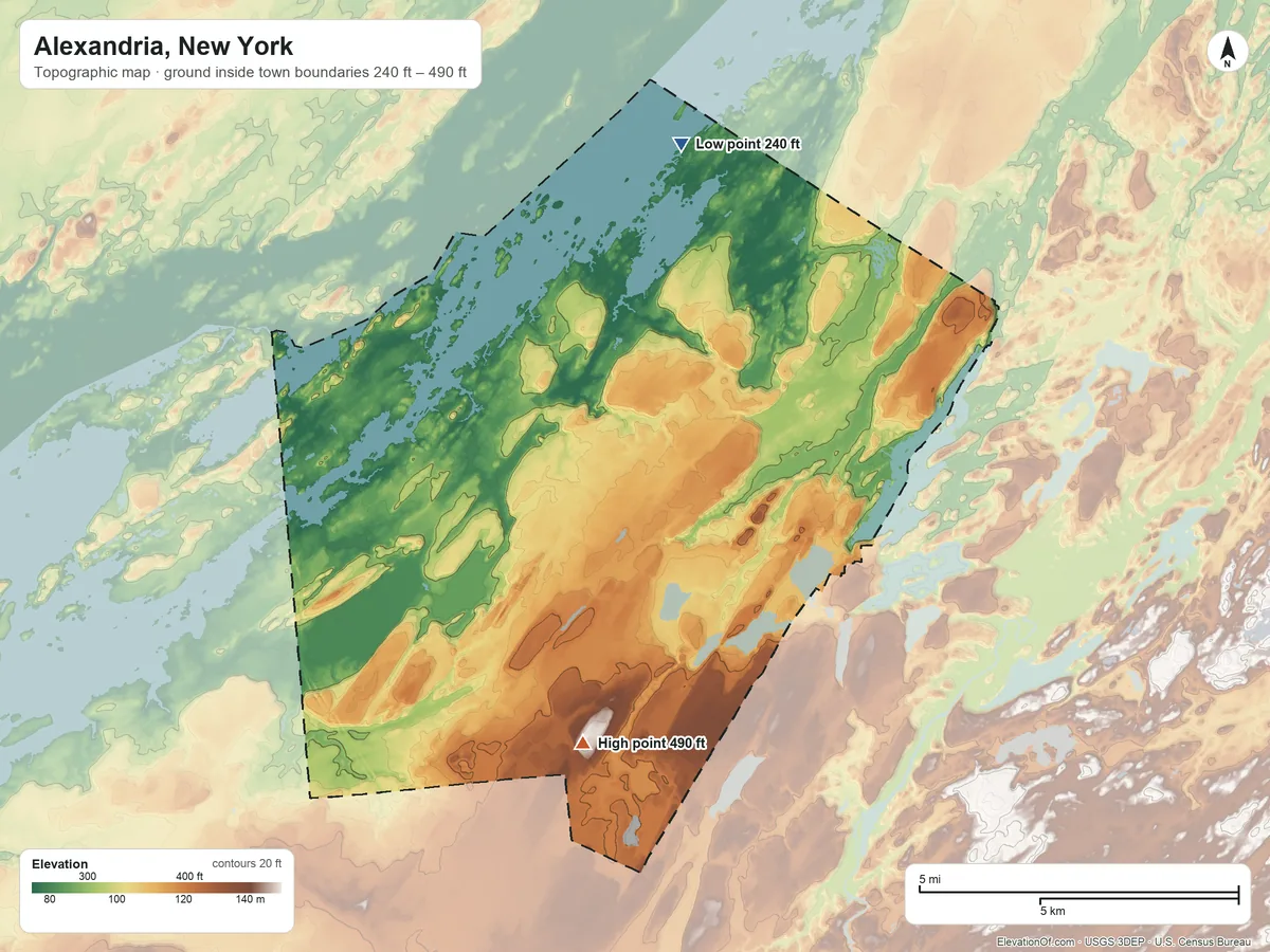 Topographic elevation map of Alexandria, New York, shaded from 240 ft on the north side to 490 ft on the south side