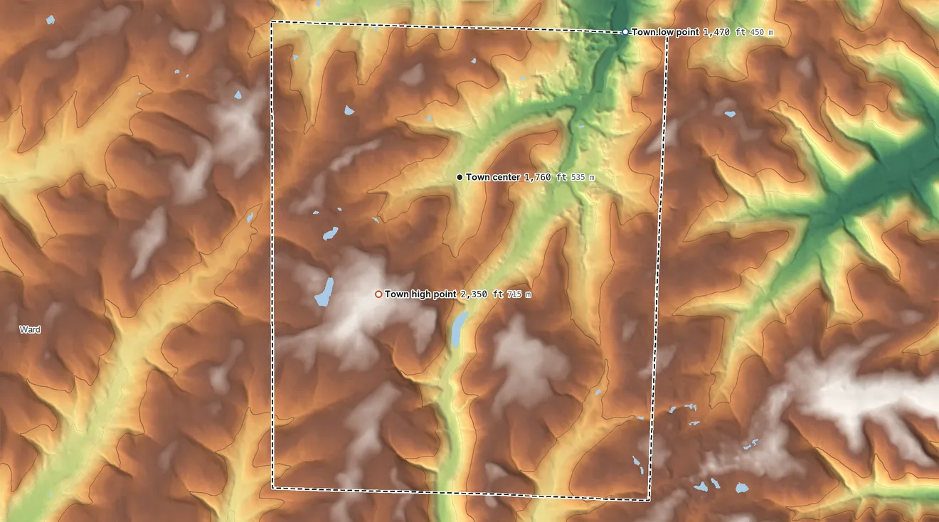 Topographic elevation map of Alfred, New York, shaded from 1,470 ft on the northeast side to 2,350 ft on Jericho Hill