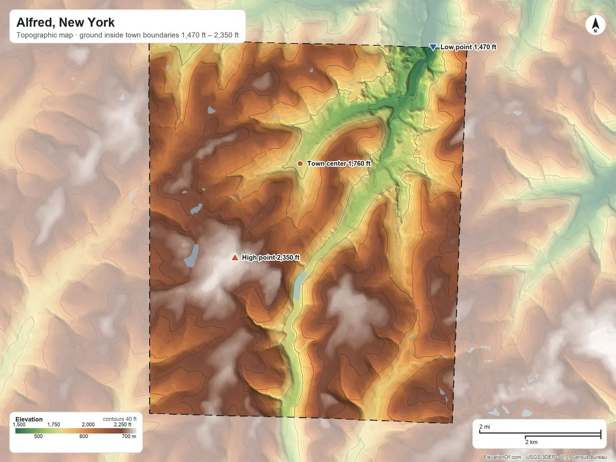 Topographic elevation map of Alfred, New York, shaded from 1,470 ft on the northeast side to 2,350 ft on Jericho Hill