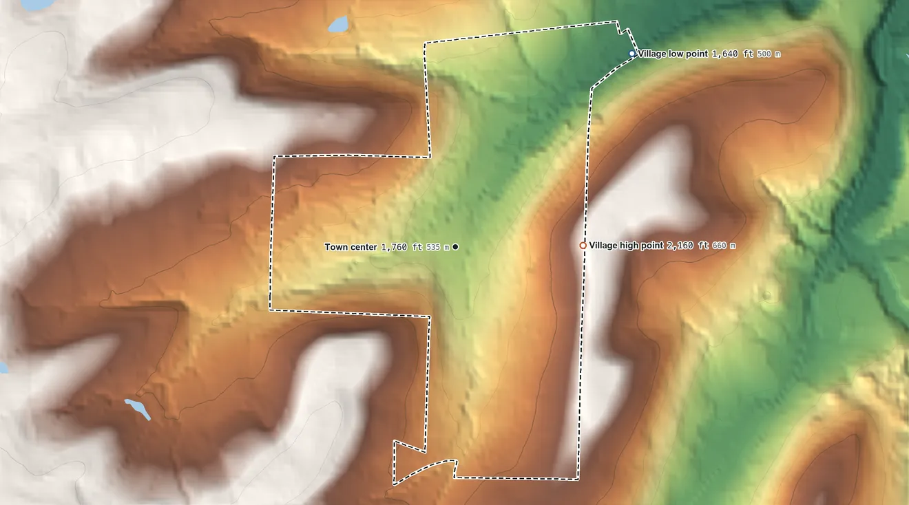 Topographic elevation map of Village of Alfred, New York, shaded from 1,640 ft on the northeast side to 2,160 ft on the east side