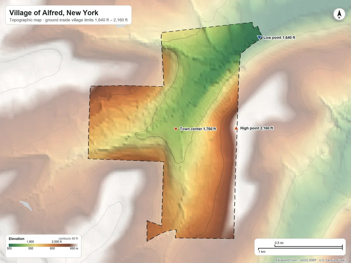 Topographic elevation map of Village of Alfred, New York, shaded from 1,640 ft on the northeast side to 2,160 ft on the east side