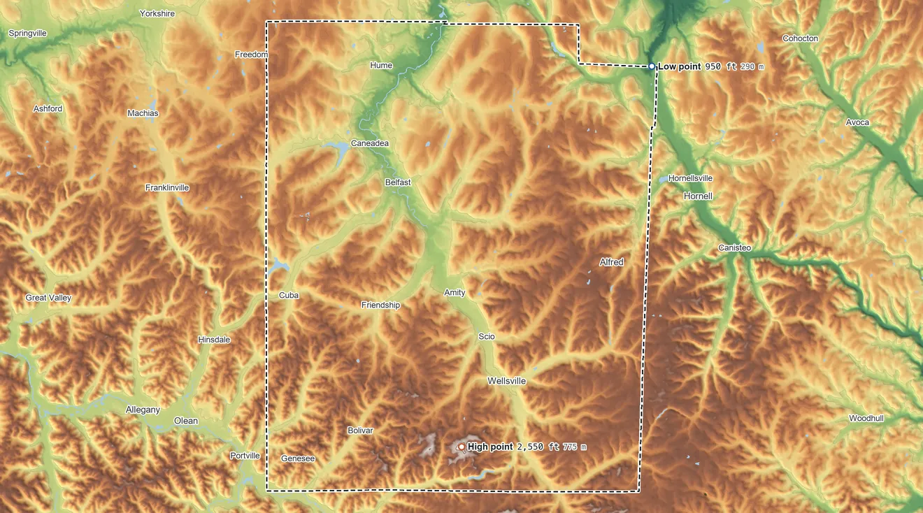 Topographic elevation map of Allegany County, New York, shaded from 950 ft on the northeast side to 2,550 ft on Alma Hill