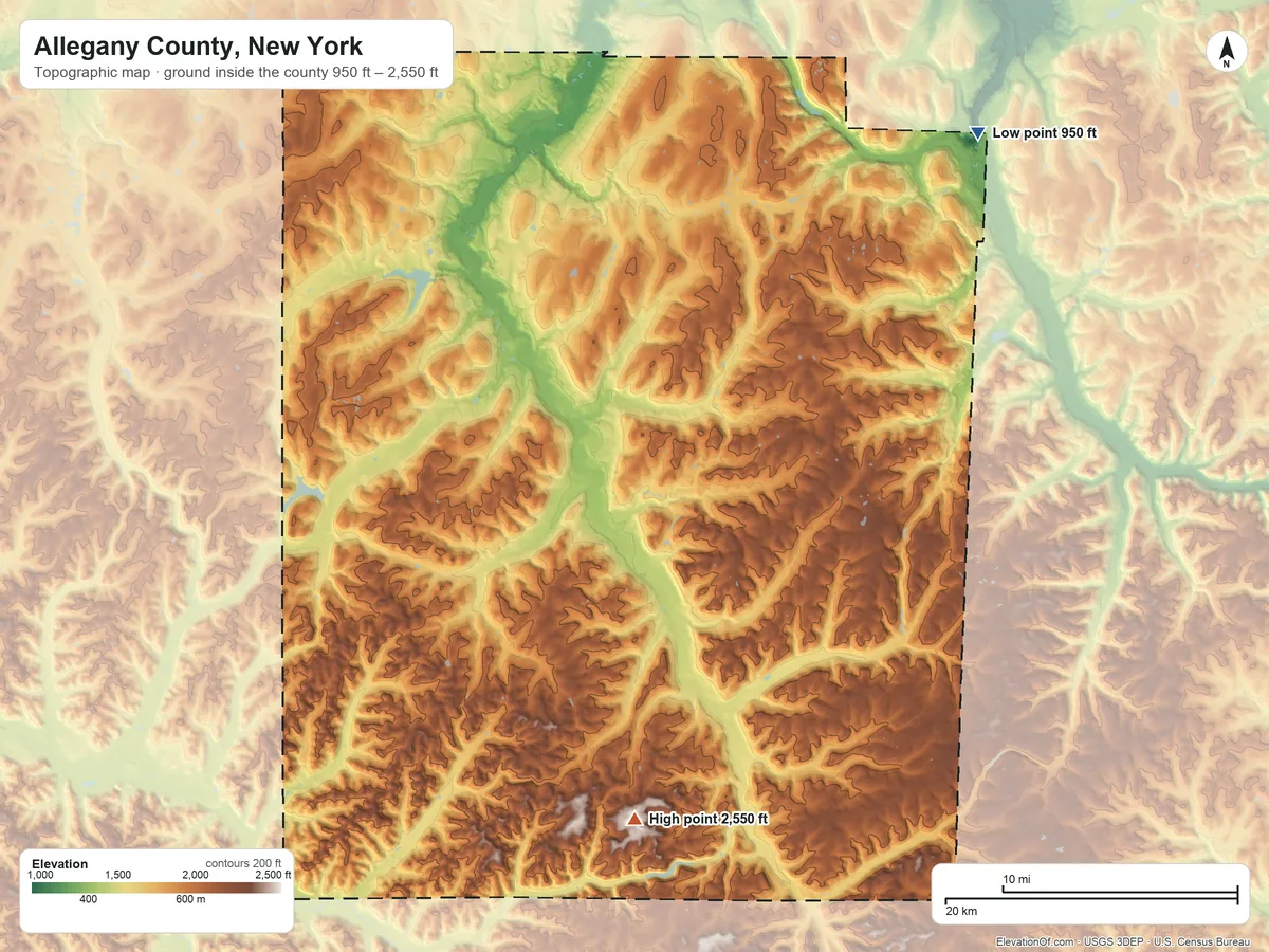 Topographic elevation map of Allegany County, New York, shaded from 950 ft on the northeast side to 2,550 ft on Alma Hill