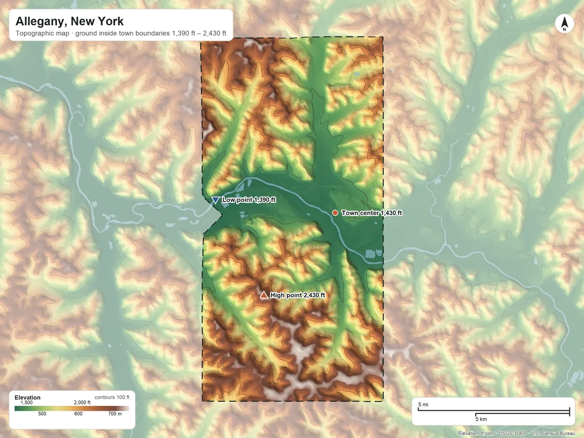 Topographic elevation map of Allegany, New York, shaded from 1,390 ft on the west side to 2,430 ft on the southwest side