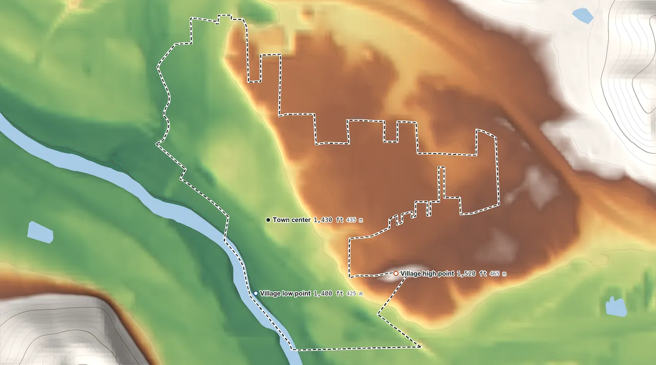 Topographic elevation map of Village of Allegany, New York, shaded from 1,400 ft on the south side to 1,520 ft on the southeast edge, below higher ground just outside