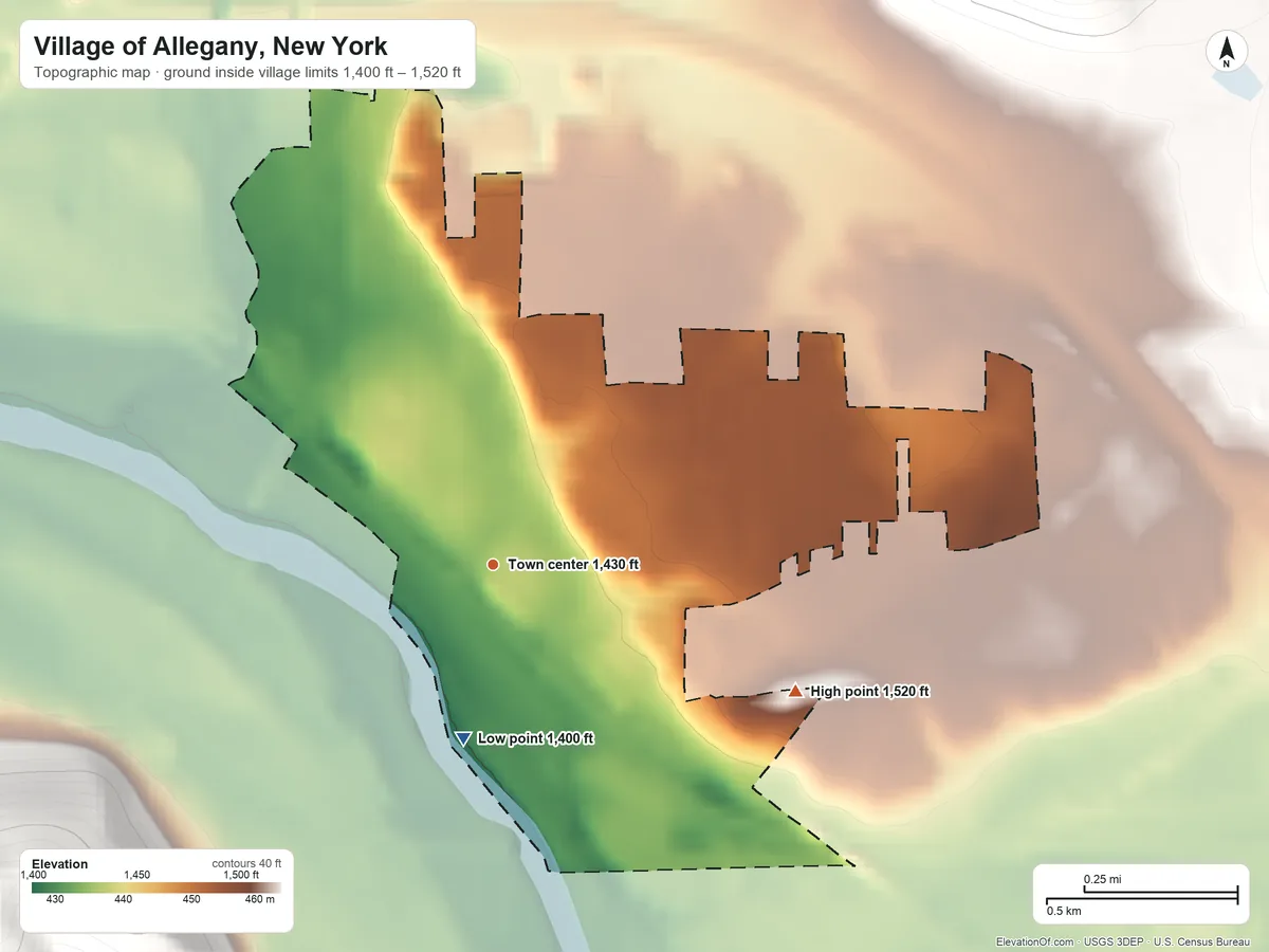 Topographic elevation map of Village of Allegany, New York, shaded from 1,400 ft on the south side to 1,520 ft on the southeast edge, below higher ground just outside