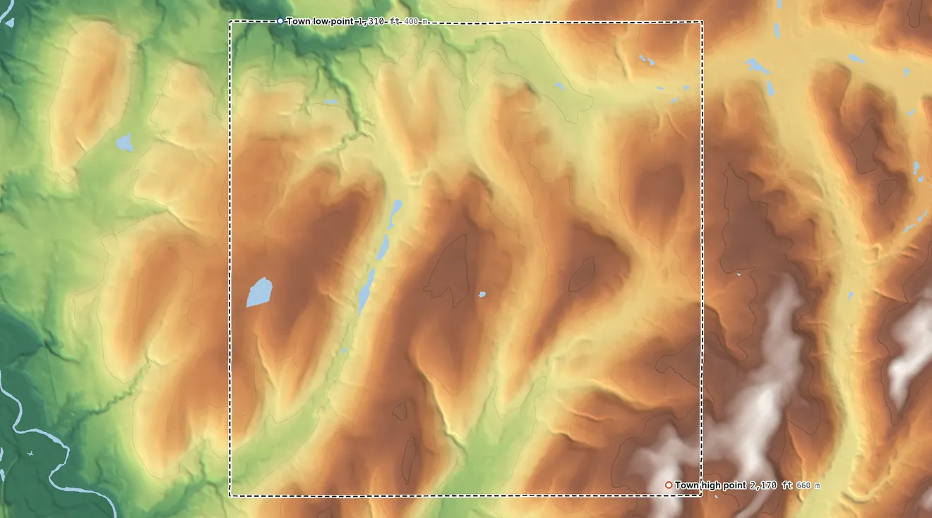 Topographic elevation map of Allen, New York, shaded from 1,310 ft on the northwest side to 2,170 ft on the southeast side