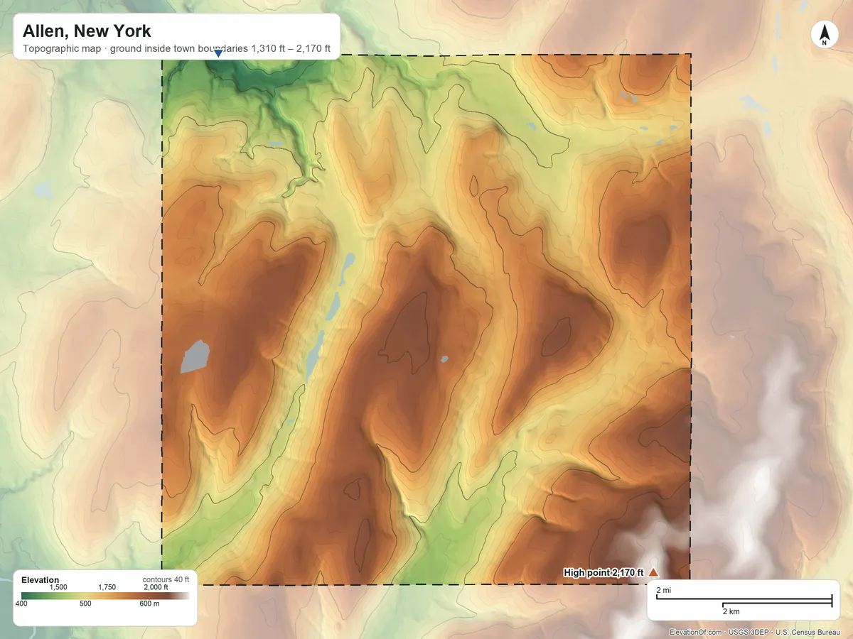 Topographic elevation map of Allen, New York, shaded from 1,310 ft on the northwest side to 2,170 ft on the southeast side