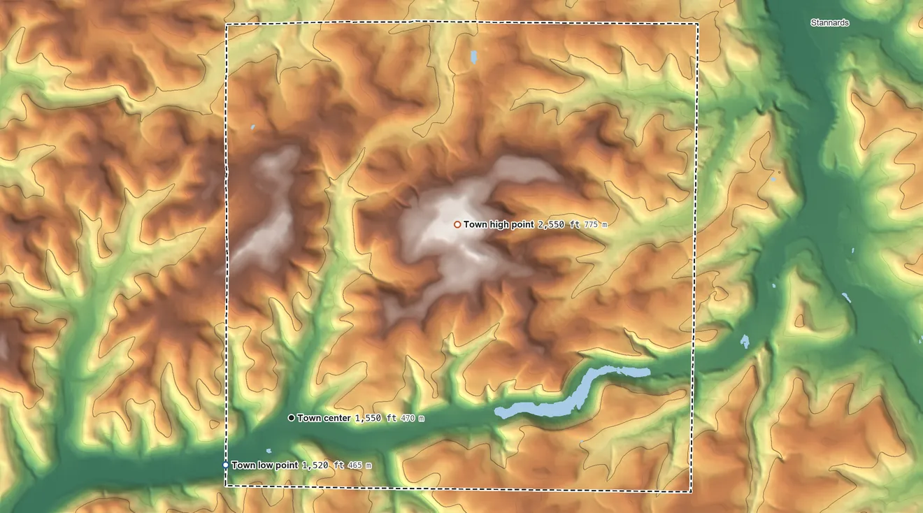 Topographic elevation map of Alma, New York, shaded from 1,520 ft on the southwest side to 2,550 ft on the northeast side