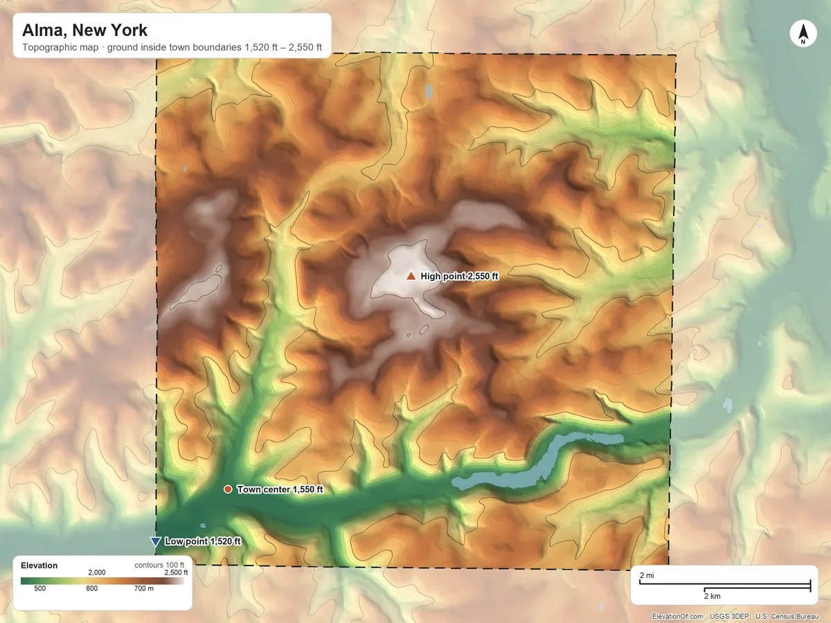 Topographic elevation map of Alma, New York, shaded from 1,520 ft on the southwest side to 2,550 ft on the northeast side