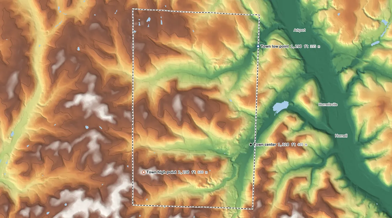 Topographic elevation map of Almond, New York, shaded from 1,290 ft on the north side to 2,230 ft on the west side