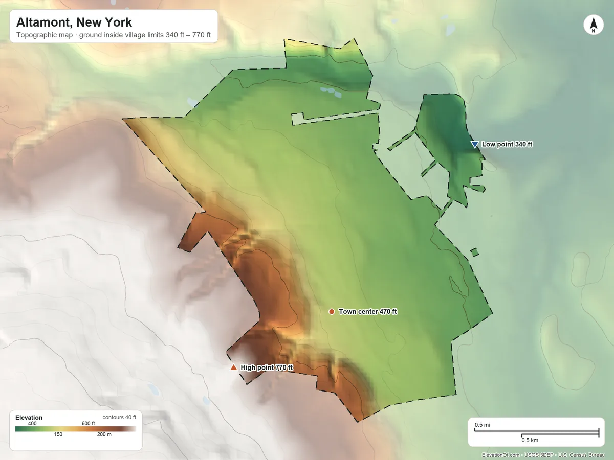 Topographic elevation map of Altamont, New York, shaded from 340 ft on the northeast side to 770 ft at the foot of the Helderberg Mountains
