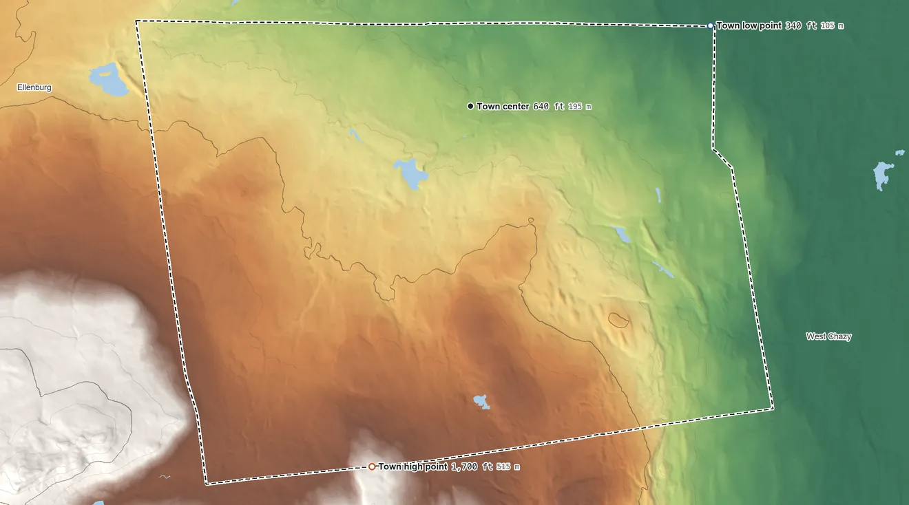 Topographic elevation map of Altona, New York, shaded from 340 ft on the east side to 1,700 ft on the south side