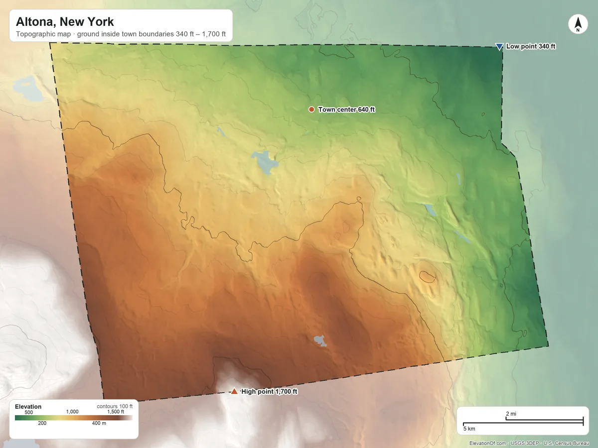 Topographic elevation map of Altona, New York, shaded from 340 ft on the east side to 1,700 ft on the south side