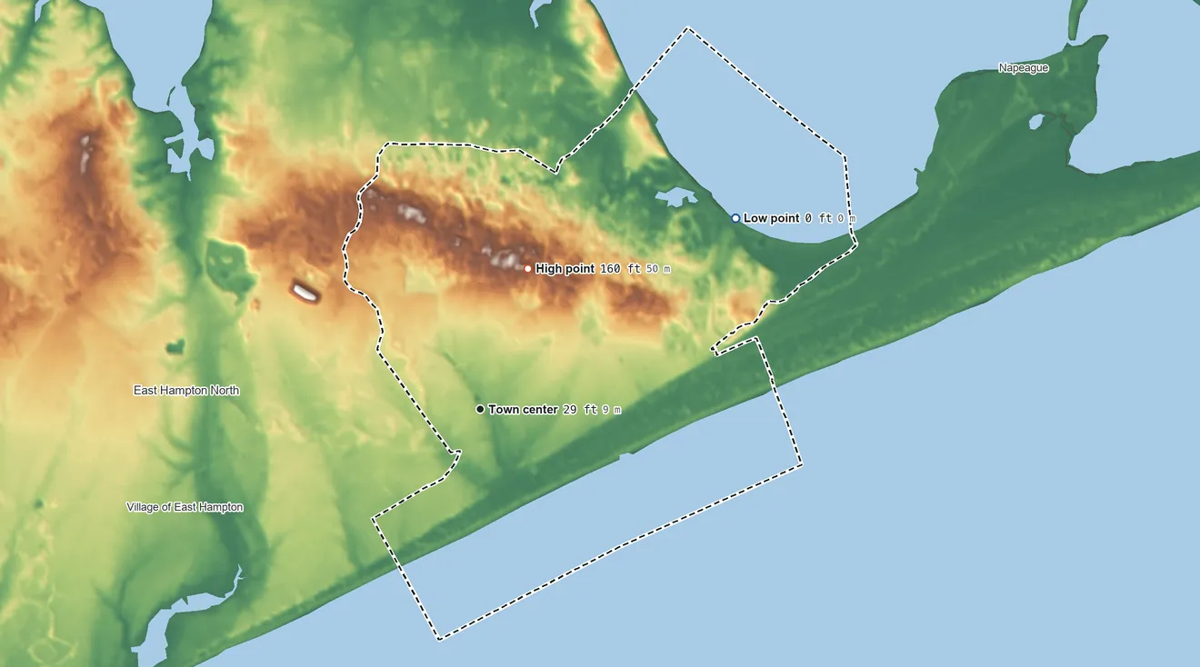 Topographic elevation map of Amagansett, New York, shaded from sea level level on the Atlantic Ocean to 160 ft on the north side