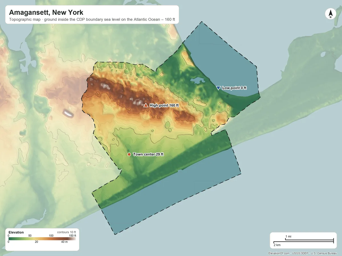 Topographic elevation map of Amagansett, New York, shaded from sea level level on the Atlantic Ocean to 160 ft on the north side