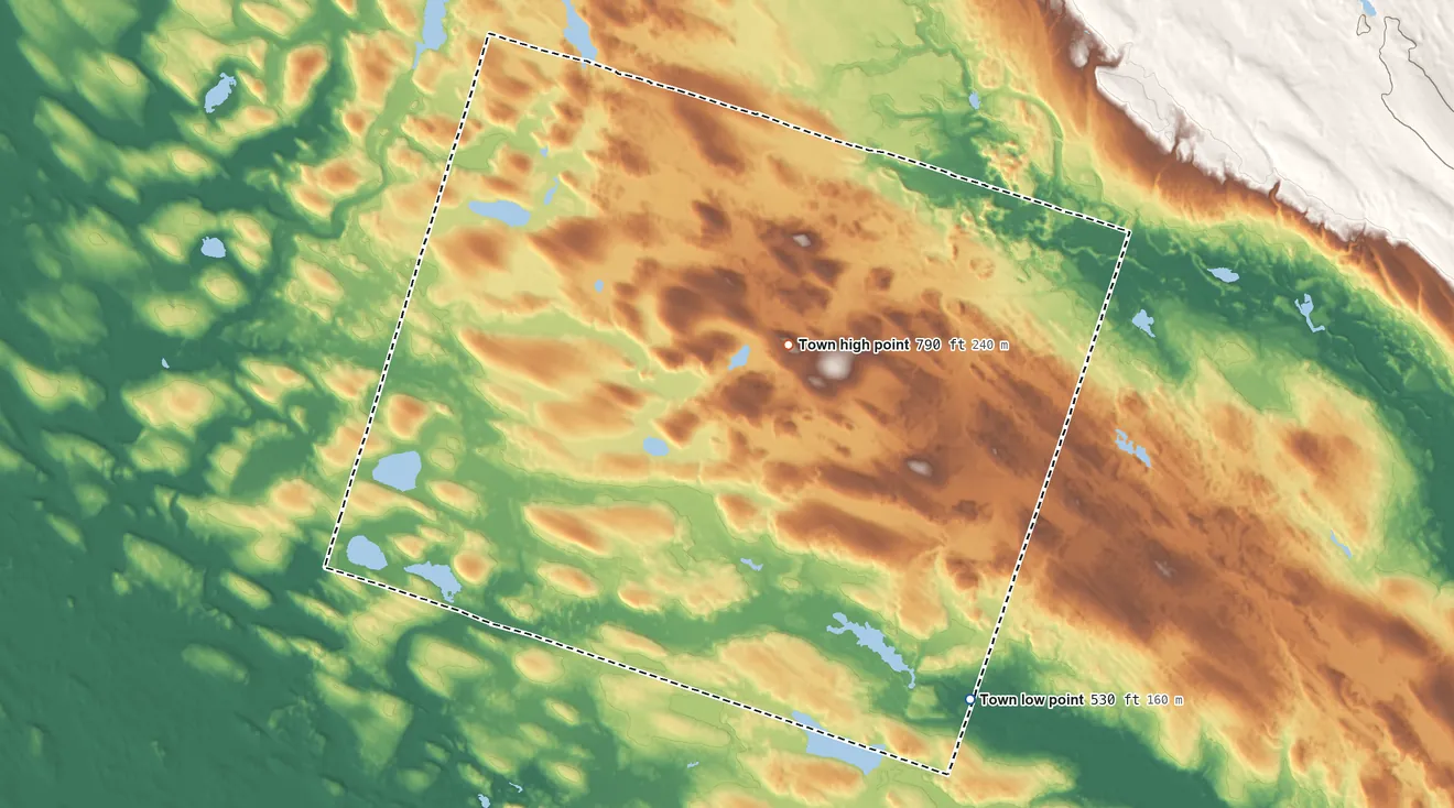 Topographic elevation map of Amboy, New York, shaded from 530 ft on the southeast side to 790 ft on the northeast side