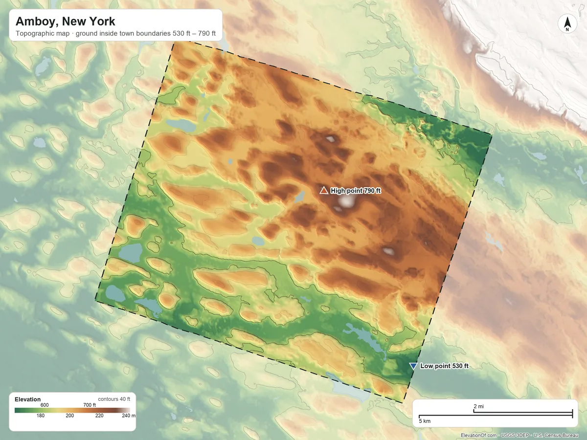 Topographic elevation map of Amboy, New York, shaded from 530 ft on the southeast side to 790 ft on the northeast side