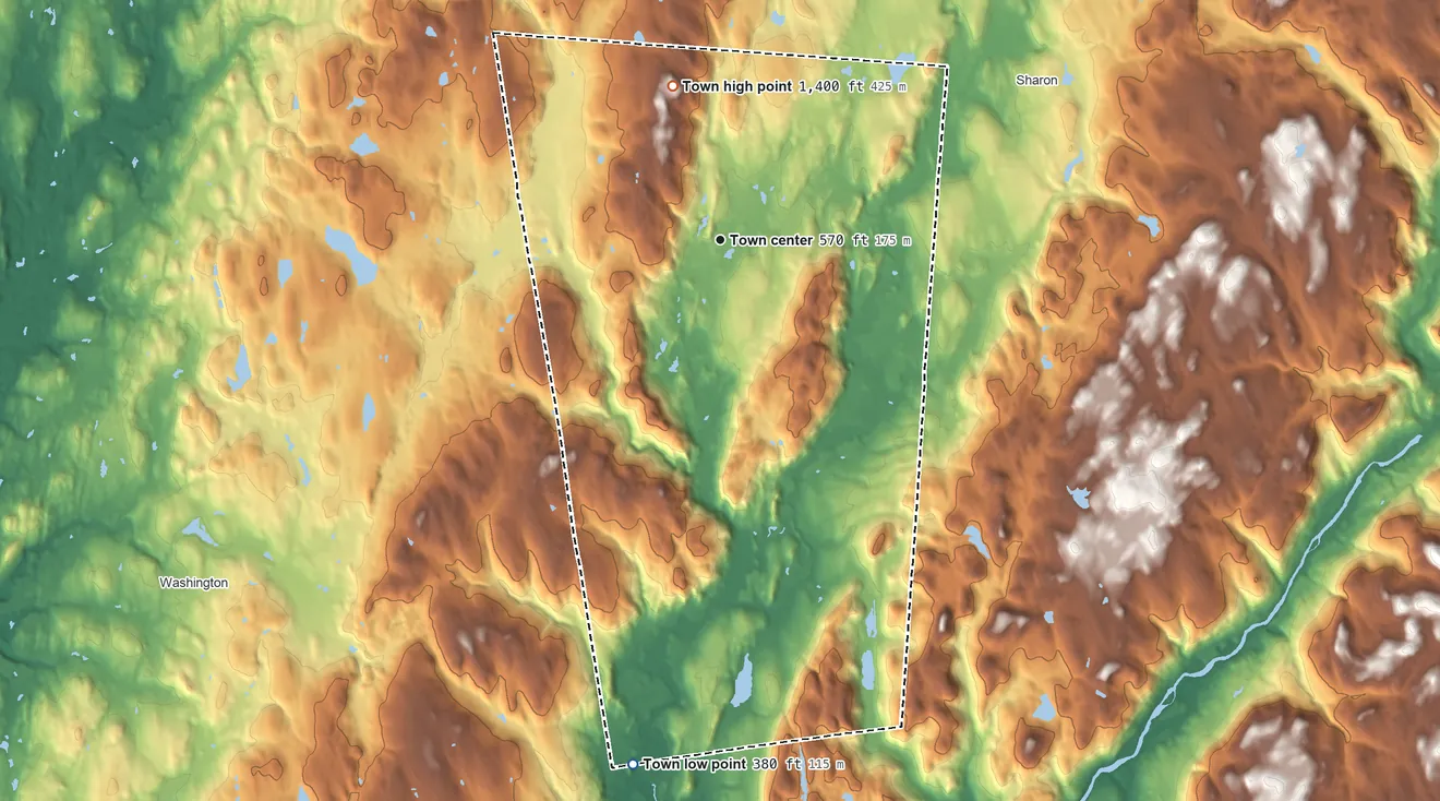 Topographic elevation map of Amenia, New York, shaded from 380 ft on the south side to 1,400 ft on the north side