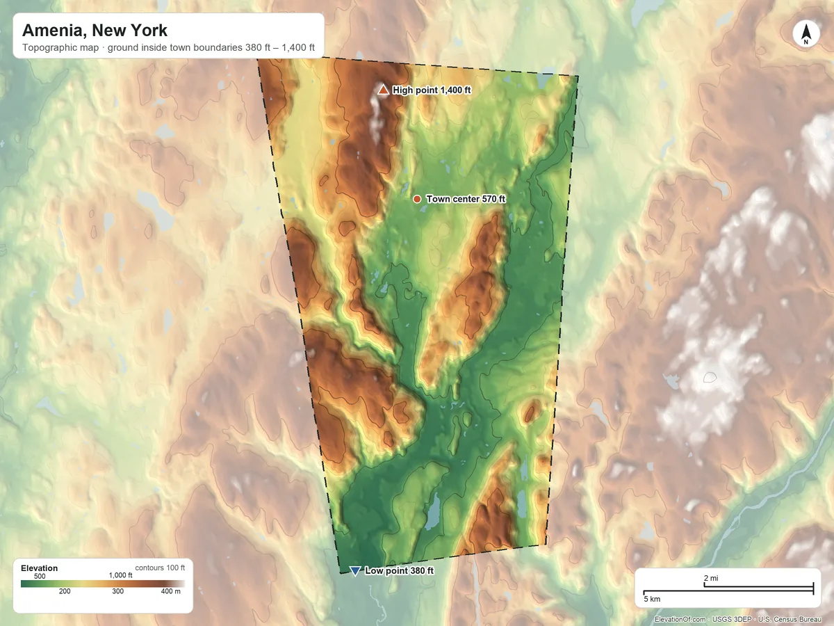 Topographic elevation map of Amenia, New York, shaded from 380 ft on the south side to 1,400 ft on the north side