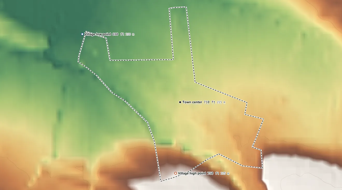 Topographic elevation map of Ames, New York, shaded from 690 ft on the northwest side to 750 ft on the south edge, below higher ground just outside