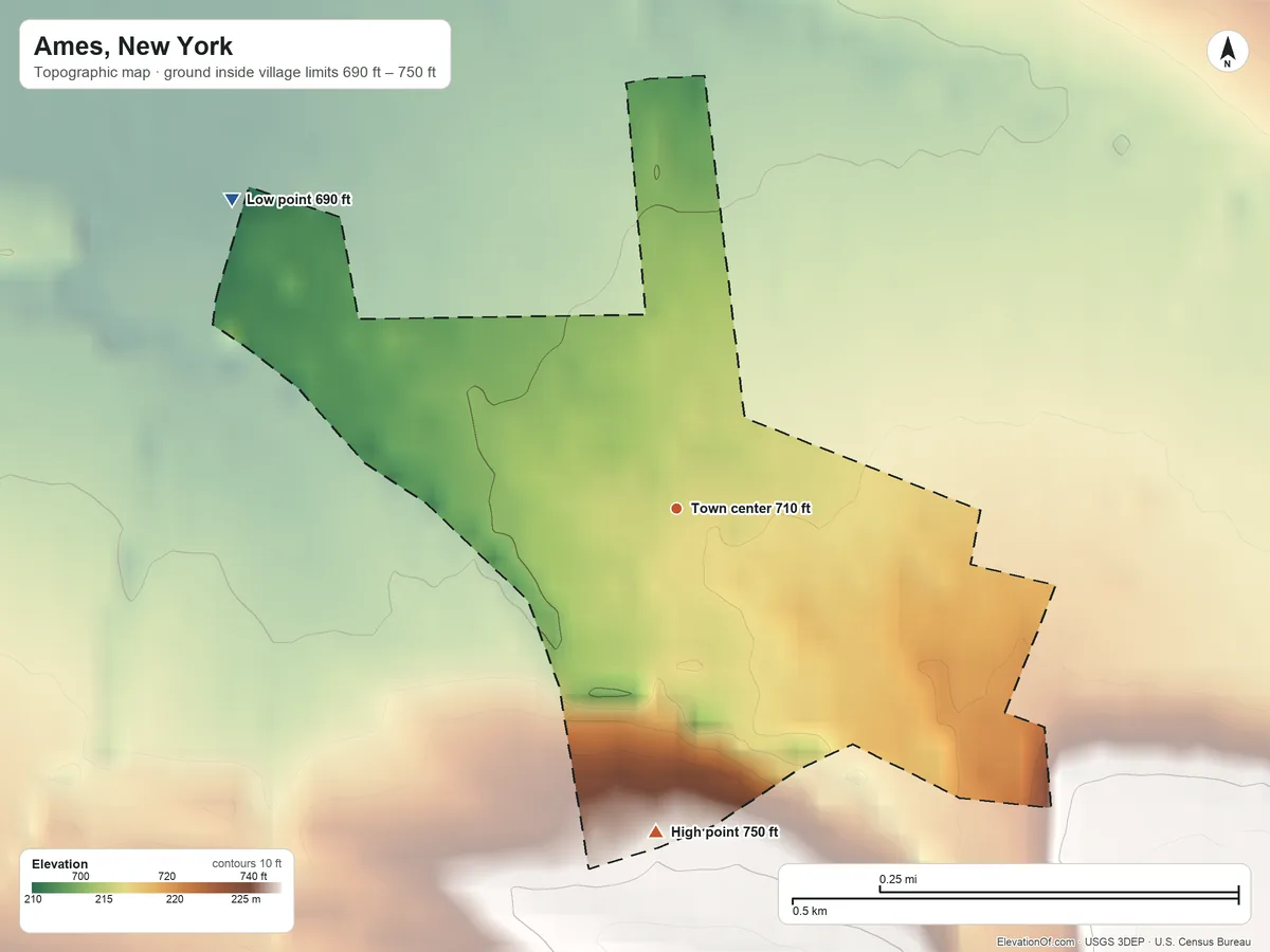 Topographic elevation map of Ames, New York, shaded from 690 ft on the northwest side to 750 ft on the south edge, below higher ground just outside