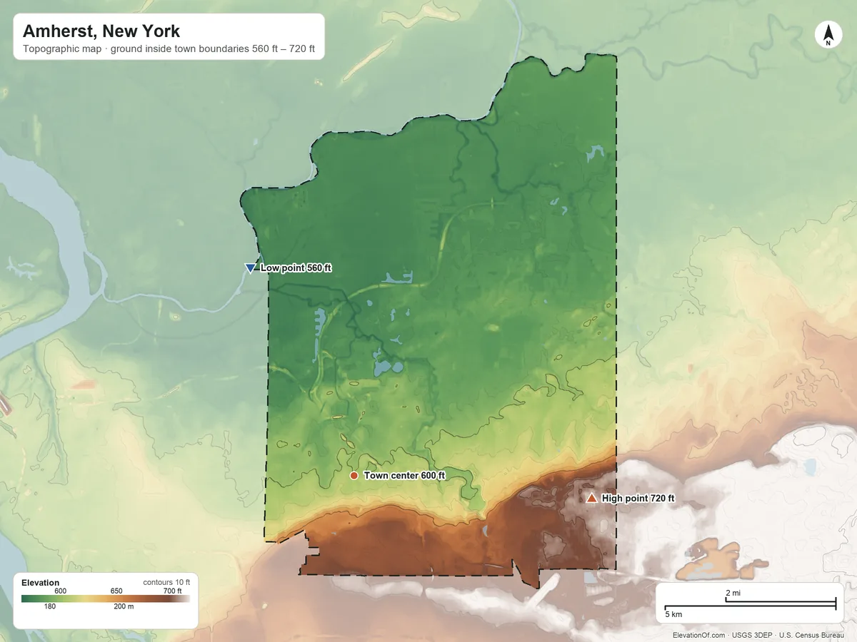 Topographic elevation map of Amherst, New York, shaded from 560 ft on the northwest side to 720 ft on the east side