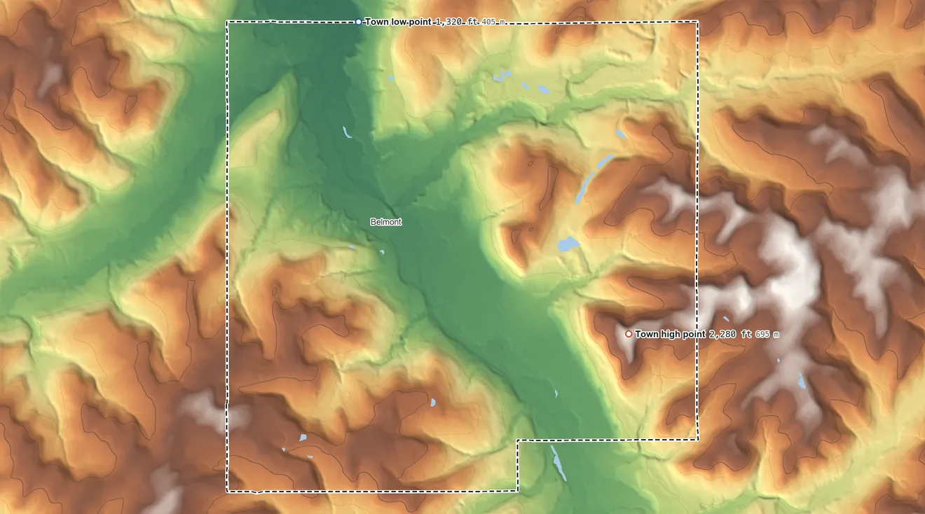 Topographic elevation map of Amity, New York, shaded from 1,320 ft on the north side to 2,280 ft on Oak Hill