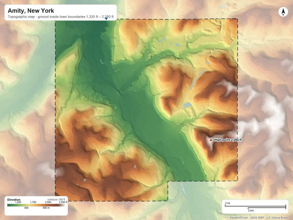 Topographic elevation map of Amity, New York, shaded from 1,320 ft on the north side to 2,280 ft on Oak Hill