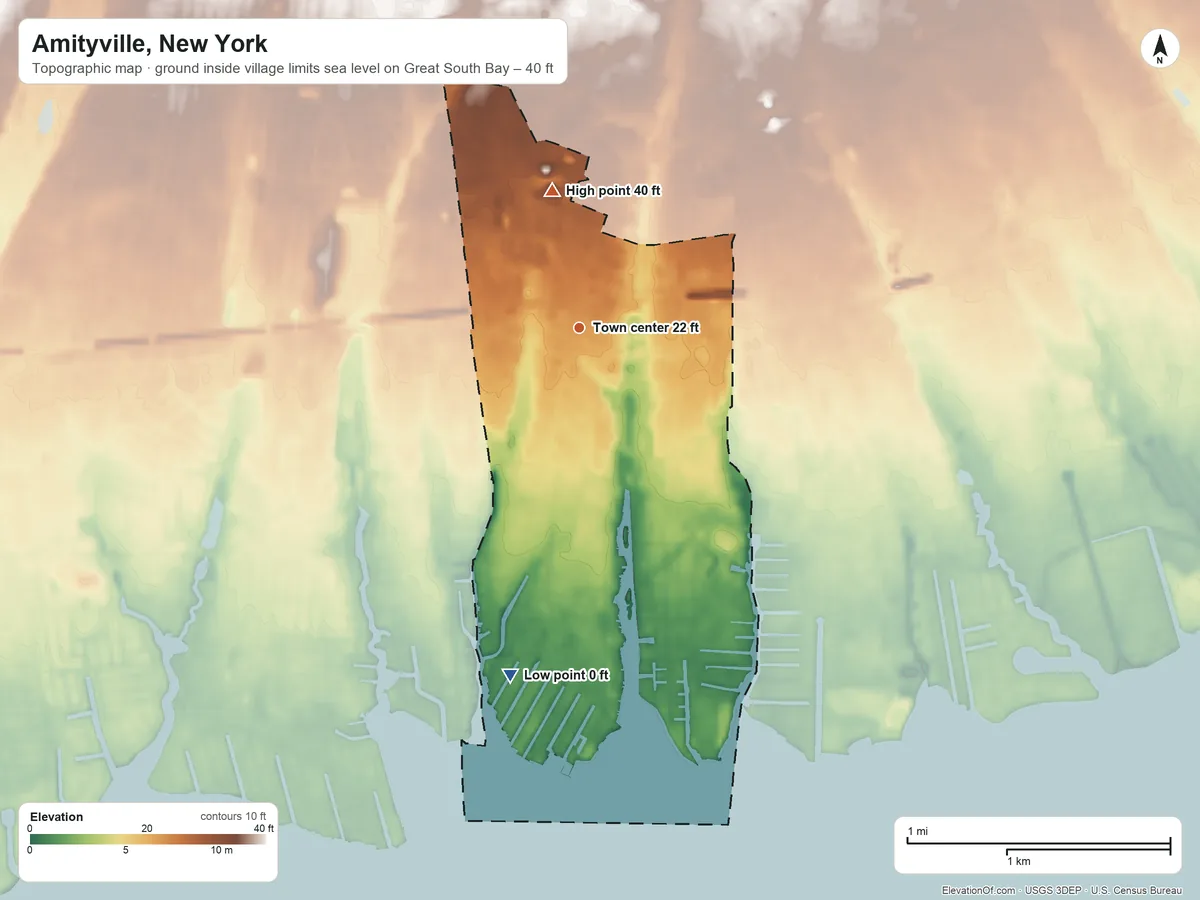 Topographic elevation map of Amityville, New York, shaded from sea level level on Great South Bay to 40 ft on the north side