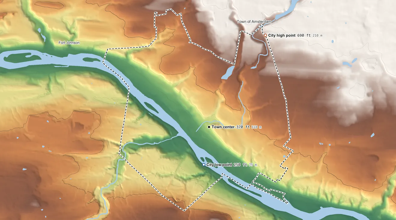 Topographic elevation map of Amsterdam, New York, shaded from 250 ft on the south side to 690 ft on the northeast side