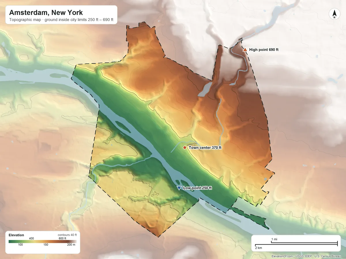 Topographic elevation map of Amsterdam, New York, shaded from 250 ft on the south side to 690 ft on the northeast side