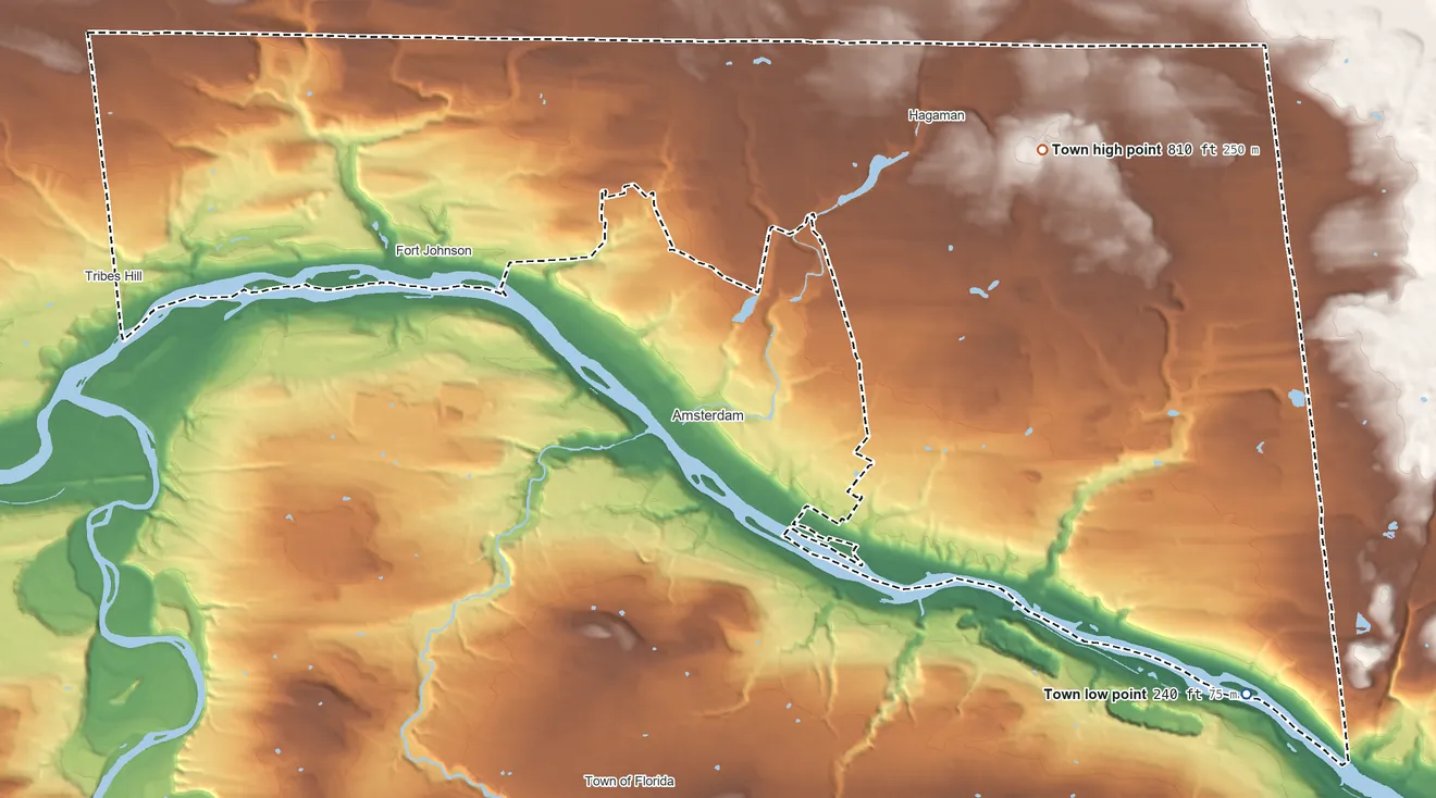 Topographic elevation map of Town of Amsterdam, New York, shaded from 240 ft on the southeast side to 810 ft on the east side