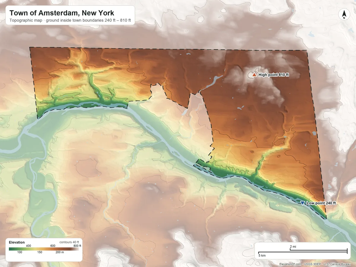 Topographic elevation map of Town of Amsterdam, New York, shaded from 240 ft on the southeast side to 810 ft on the east side