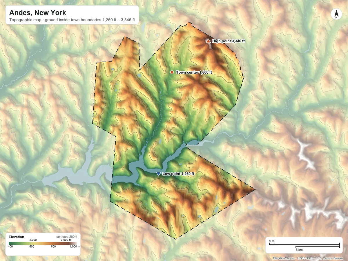 Topographic elevation map of Andes, New York, shaded from 1,260 ft on the south side to 3,346 ft on Mount Pisgah